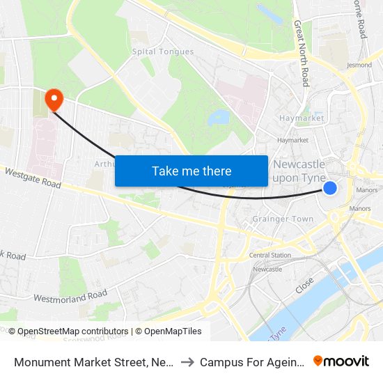 Monument Market Street, Newcastle upon Tyne to Campus For Ageing And Vitality map