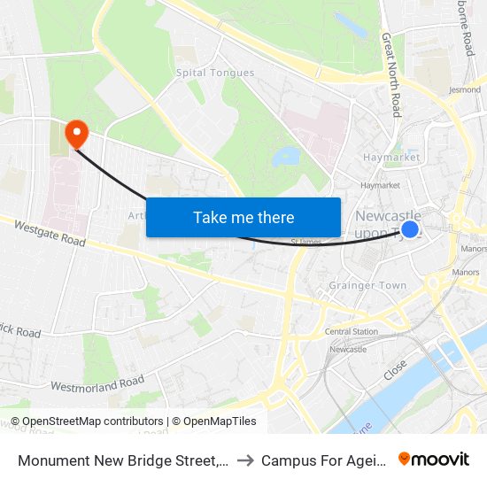 Monument New Bridge Street, Newcastle upon Tyne to Campus For Ageing And Vitality map