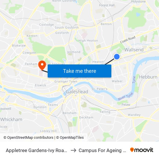 Appletree Gardens-Ivy Road, Walkergate to Campus For Ageing And Vitality map