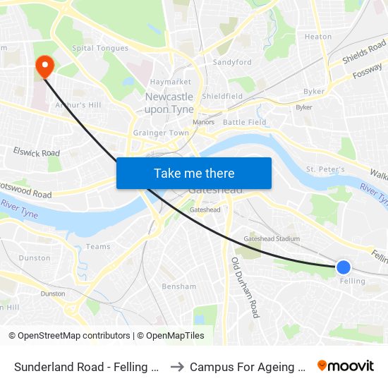 Sunderland Road - Felling Metro, Felling to Campus For Ageing And Vitality map