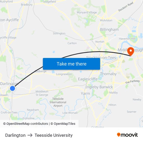 Darlington to Teesside University map