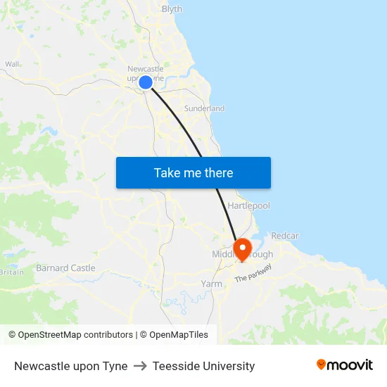 Newcastle upon Tyne to Teesside University map