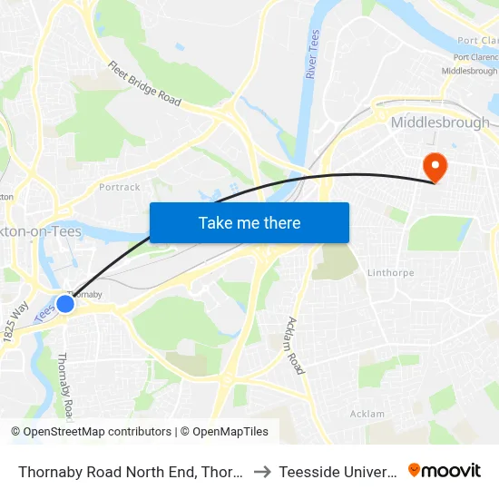 Thornaby Road North End, Thornaby to Teesside University map
