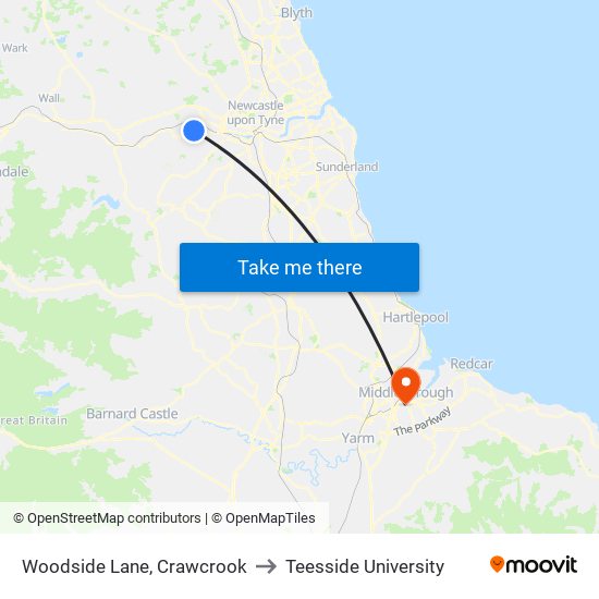 Woodside Lane, Crawcrook to Teesside University map