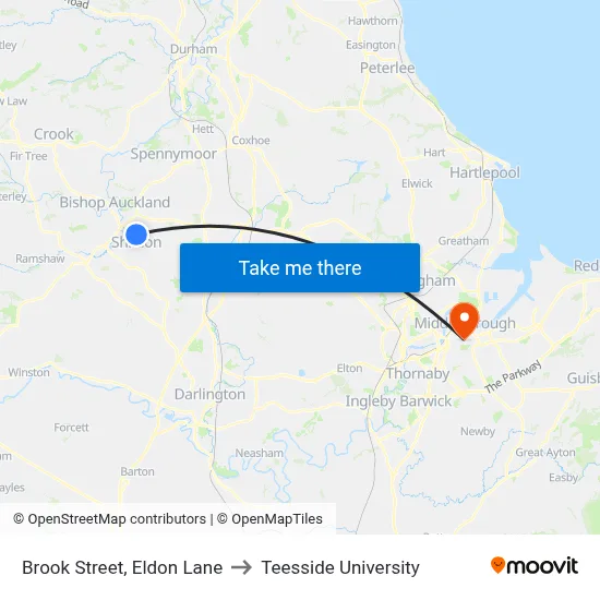 Brook Street, Eldon Lane to Teesside University map