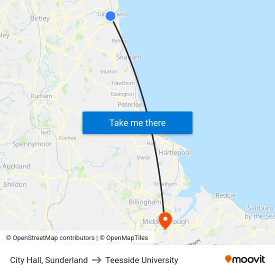 City Hall, Sunderland to Teesside University map