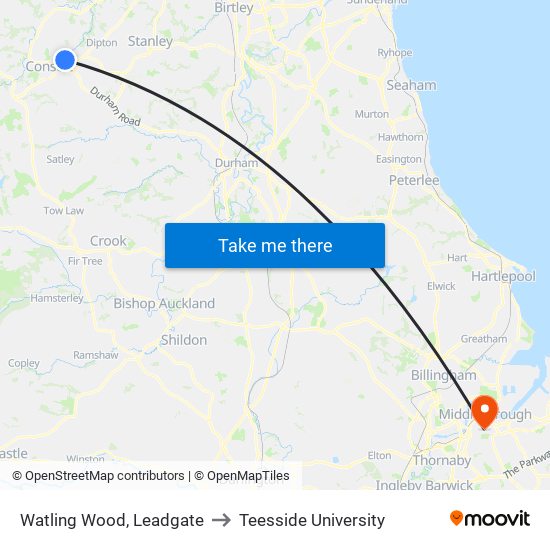 Watling Wood, Leadgate to Teesside University map