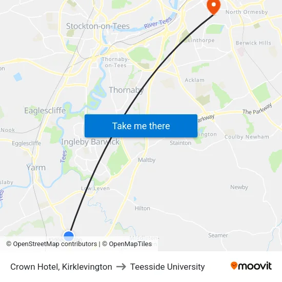 Crown Hotel, Kirklevington to Teesside University map