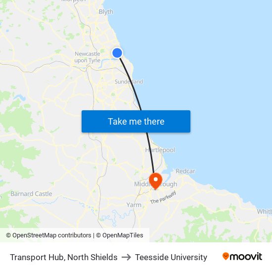 Transport Hub, North Shields to Teesside University map