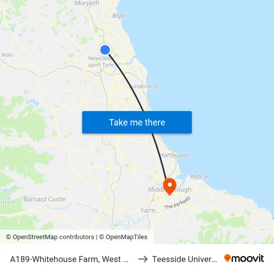 A189-Whitehouse Farm, West Moor to Teesside University map