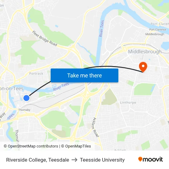 Riverside College, Teesdale to Teesside University map