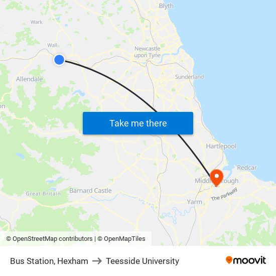 Bus Station, Hexham to Teesside University map