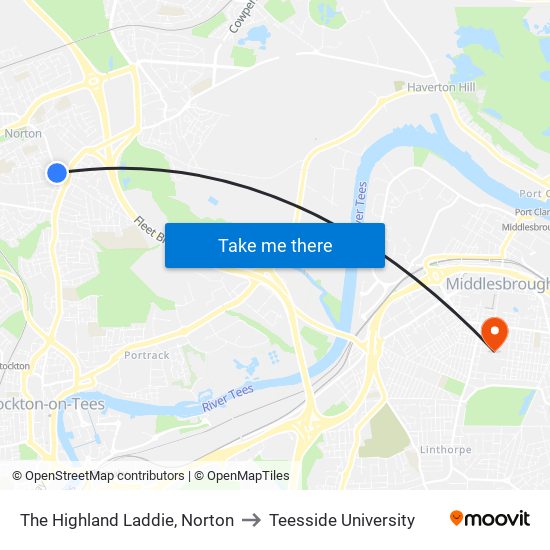 The Highland Laddie, Norton to Teesside University map