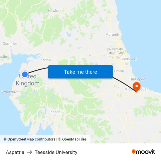 Aspatria to Teesside University map