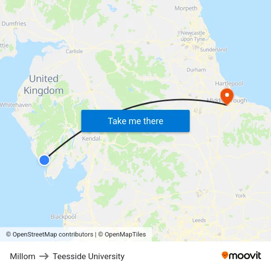Millom to Teesside University map