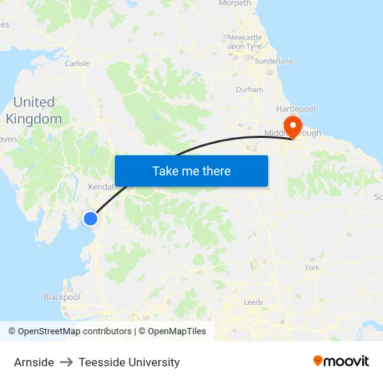 Arnside to Teesside University map