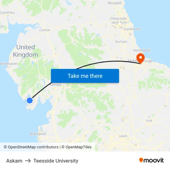 Askam to Teesside University map