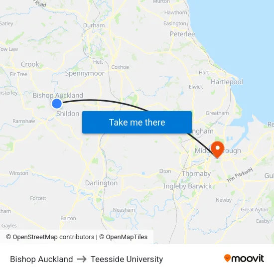 Bishop Auckland to Teesside University map