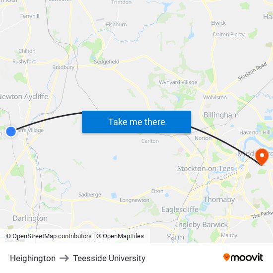 Heighington to Teesside University map