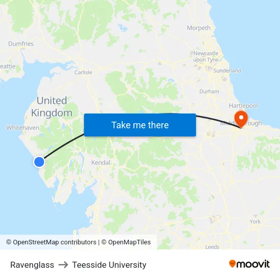 Ravenglass to Teesside University map