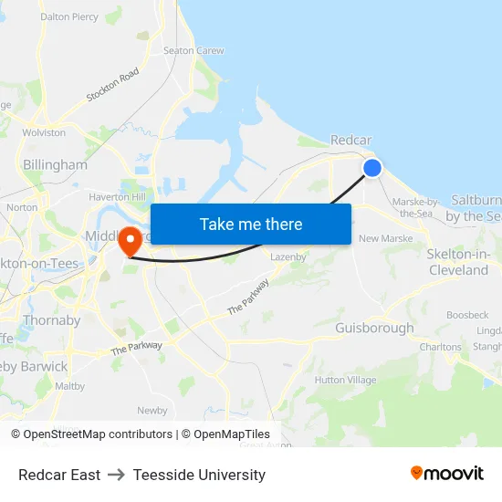 Redcar East to Teesside University map