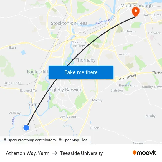 Atherton Way, Yarm to Teesside University map