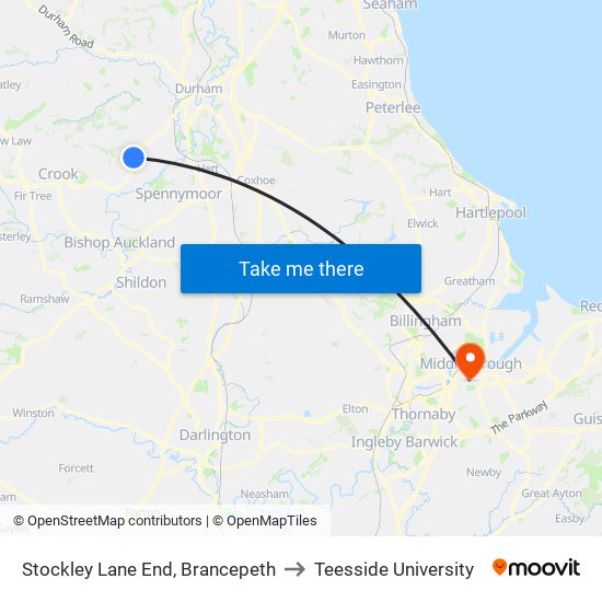 Stockley Lane End, Brancepeth to Teesside University map