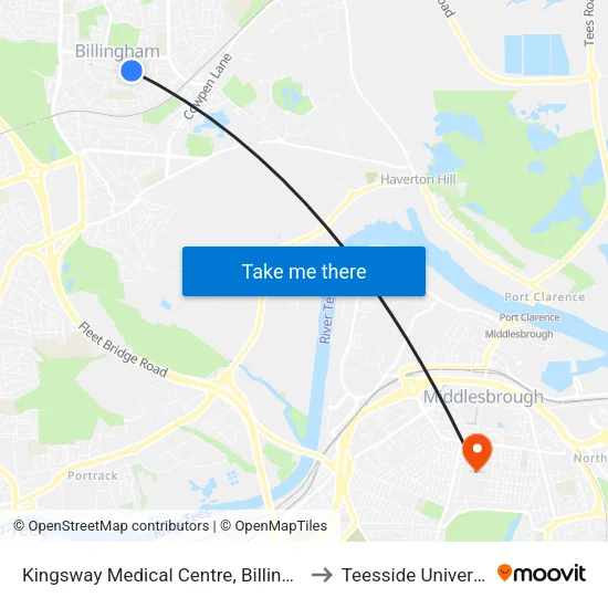 Kingsway Medical Centre, Billingham to Teesside University map