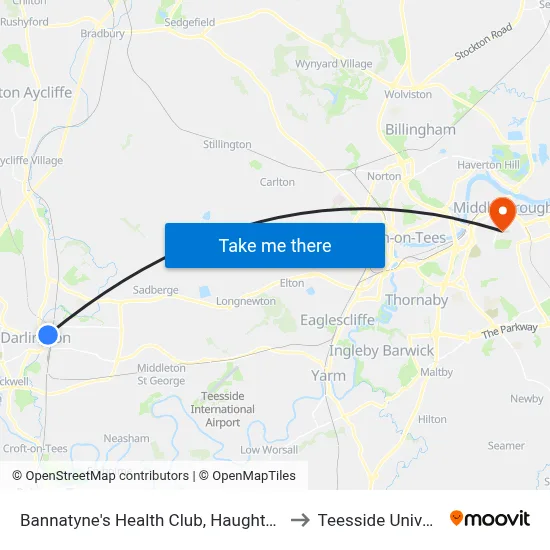 Bannatyne's Health Club, Haughton Road to Teesside University map