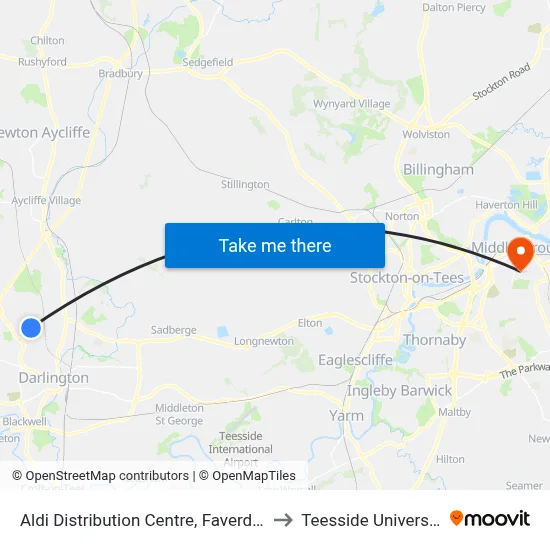 Aldi Distribution Centre, Faverdale to Teesside University map