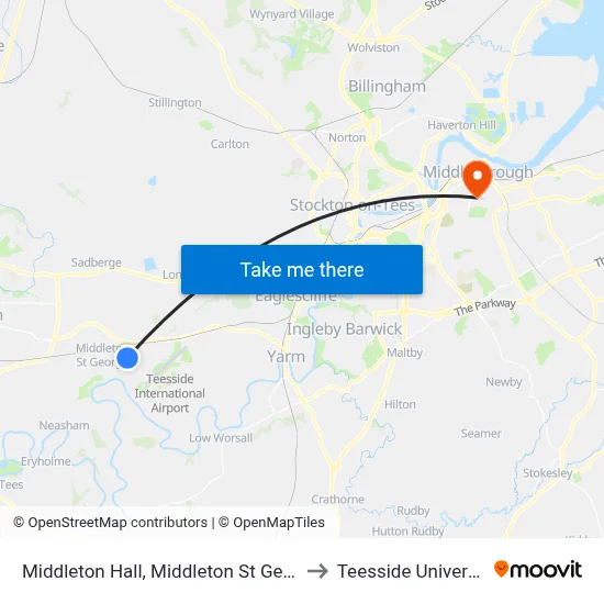 Middleton Hall, Middleton St George to Teesside University map