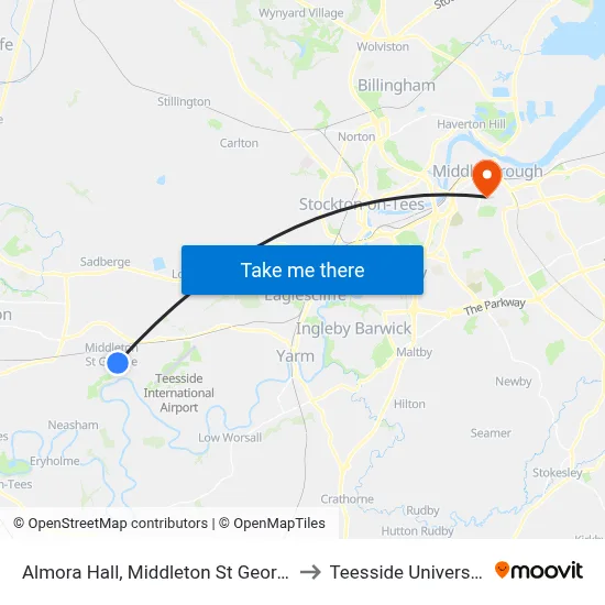 Almora Hall, Middleton St George to Teesside University map