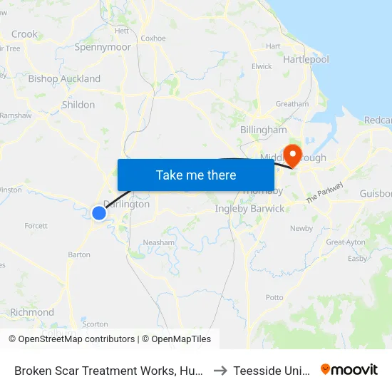 Broken Scar Treatment Works, Hummersknott to Teesside University map
