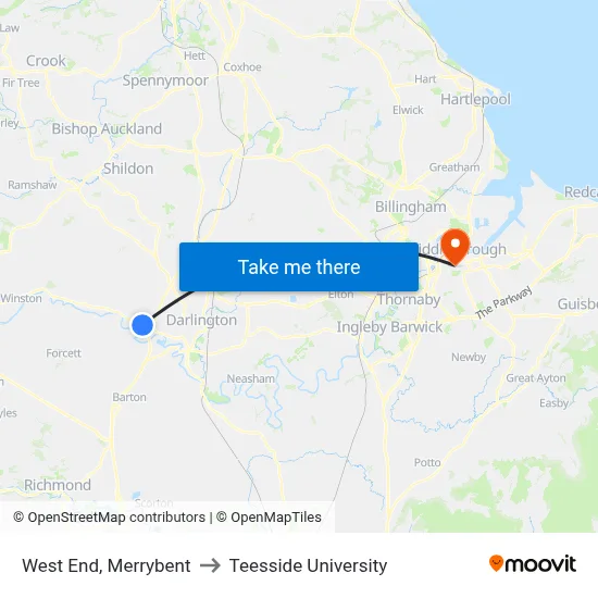 West End, Merrybent to Teesside University map