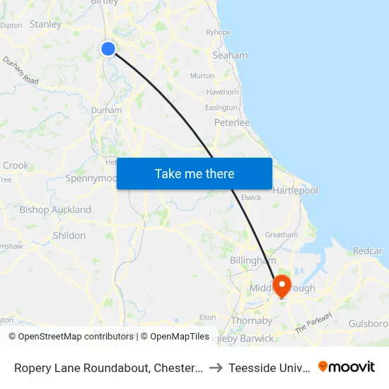 Ropery Lane Roundabout, Chester-Le-Street to Teesside University map