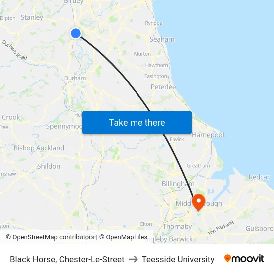 Black Horse, Chester-Le-Street to Teesside University map