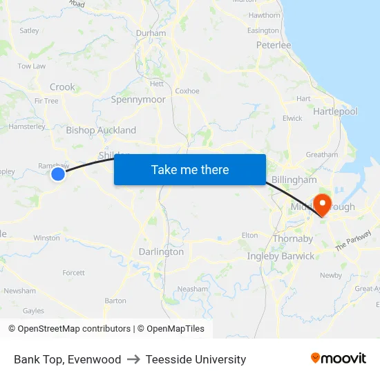 Bank Top, Evenwood to Teesside University map