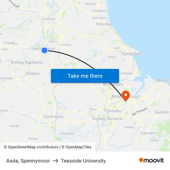 Asda, Spennymoor to Teesside University map