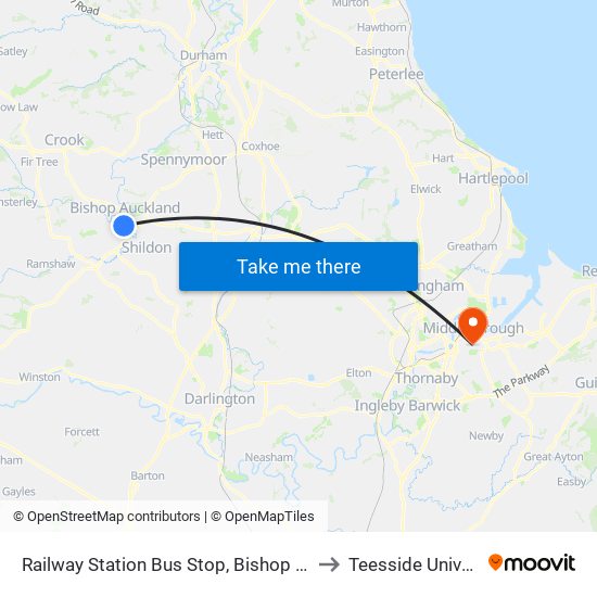Railway Station Bus Stop, Bishop Auckland to Teesside University map