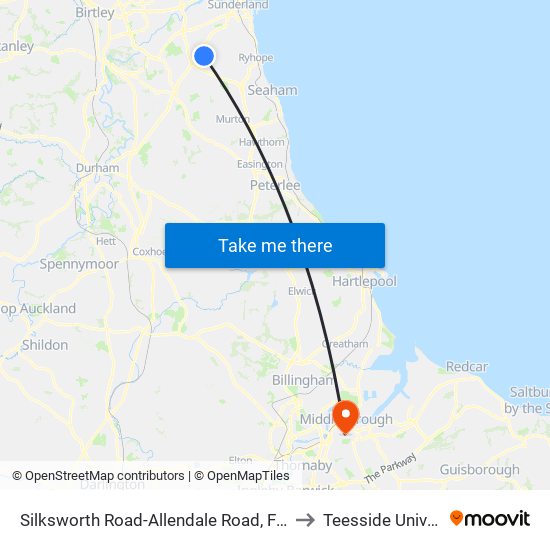 Silksworth Road-Allendale Road, Farringdon to Teesside University map