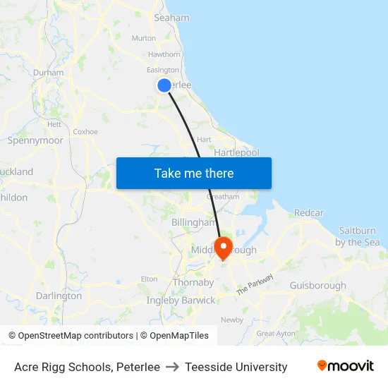 Acre Rigg Schools, Peterlee to Teesside University map
