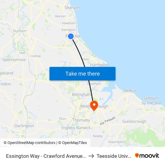 Essington Way - Crawford Avenue, Peterlee to Teesside University map