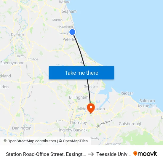 Station Road-Office Street, Easington Colliery to Teesside University map
