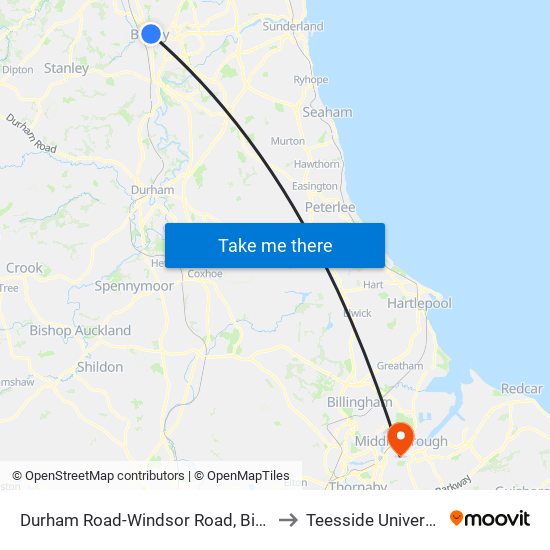 Durham Road-Windsor Road, Birtley to Teesside University map