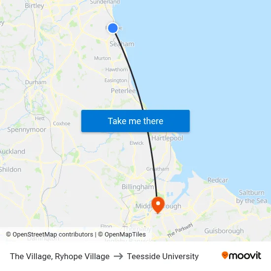 The Village, Ryhope Village to Teesside University map