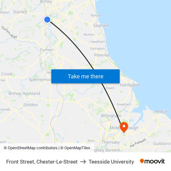 Front Street, Chester-Le-Street to Teesside University map