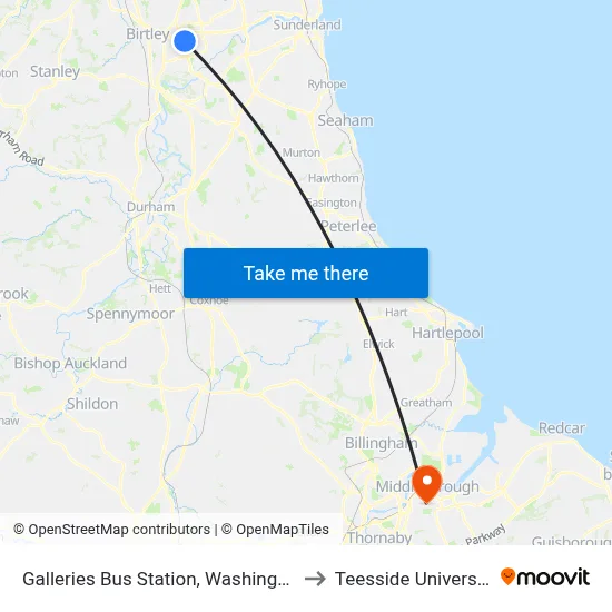 Galleries Bus Station, Washington to Teesside University map