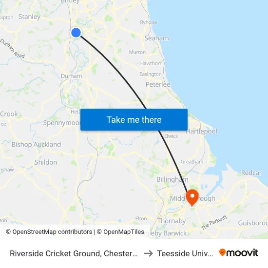 Riverside Cricket Ground, Chester-Le-Street to Teesside University map