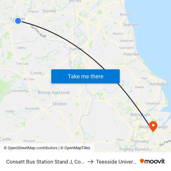 Consett Bus Station Stand J, Consett to Teesside University map