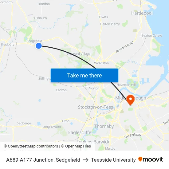 A689-A177 Junction, Sedgefield to Teesside University map